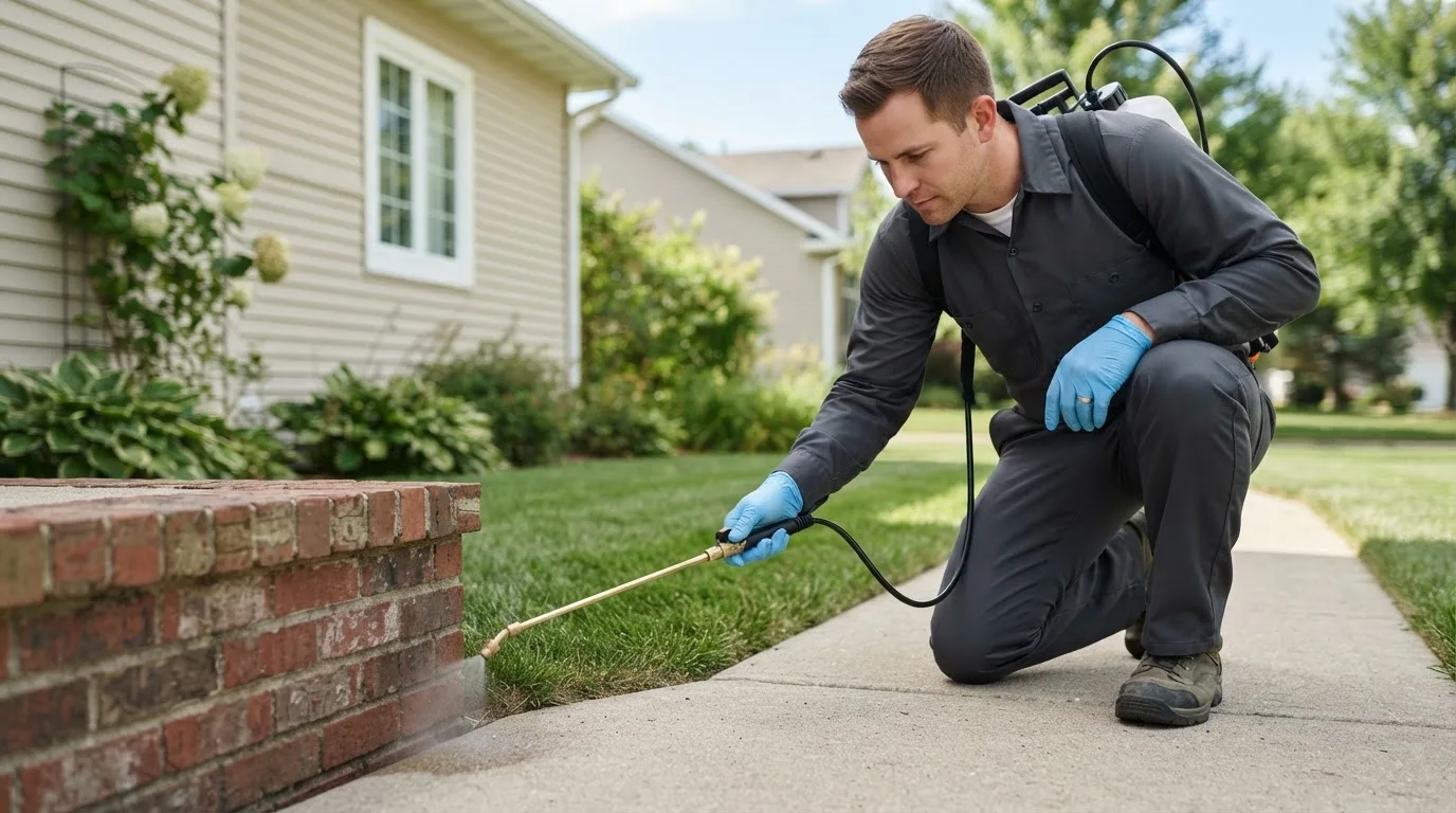 Pest control technician treating a home near Holton, IN